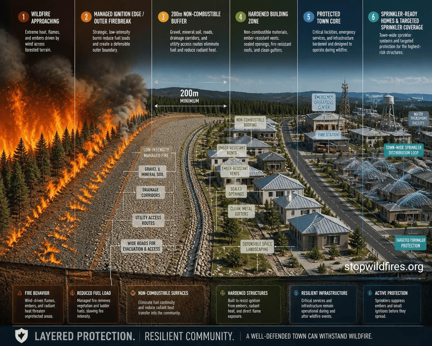Wildfire protection layout showing buffer zone and protected town infrastructure