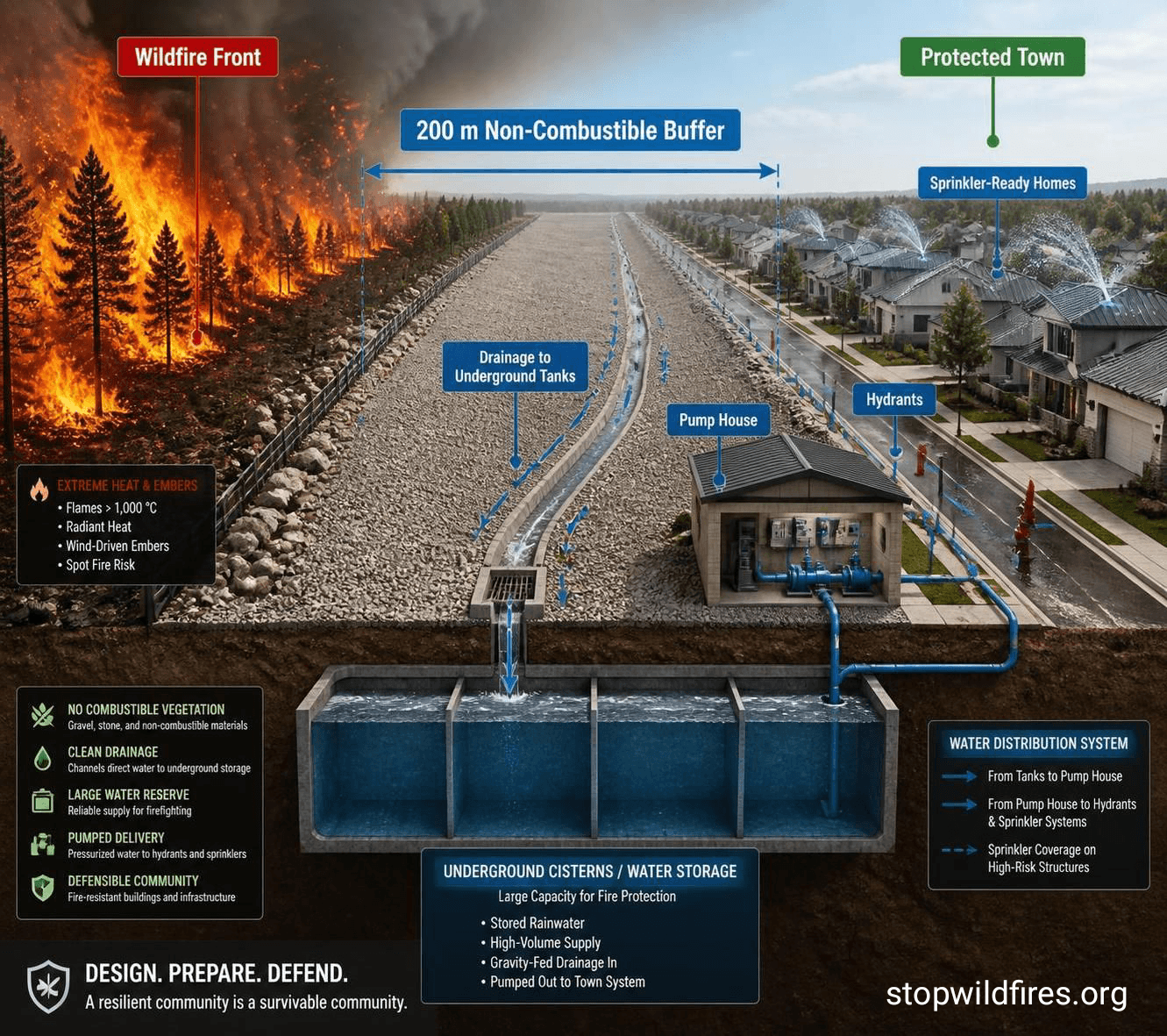 Layered wildfire defense model for a town