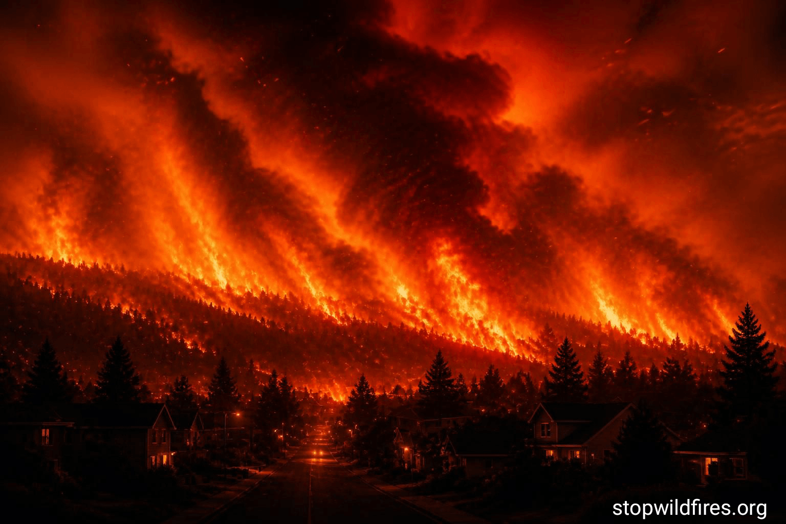 Wildfire approaching a town with fire-resistant planning and protective buffers